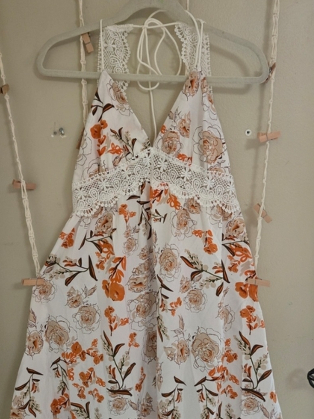White Floral Lace-Trim Maxi Dress with Orange Accents